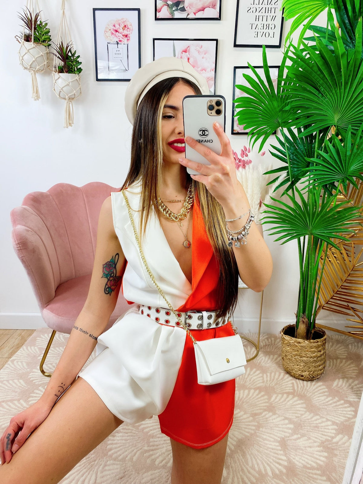 Tutina a Blazer bicolor con borsetta bianco Arancio