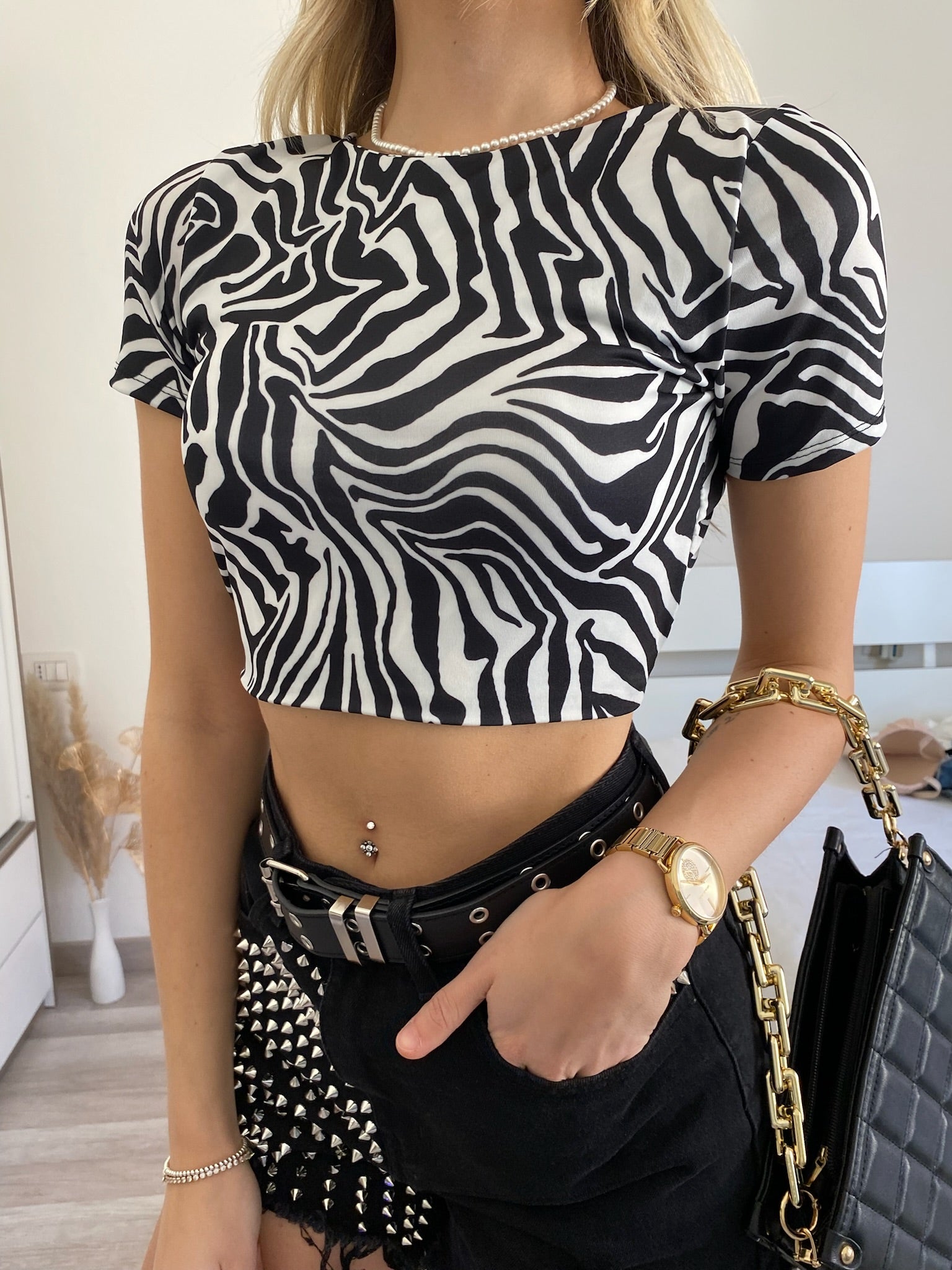 Crop top zebrato manica corta