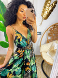 Abito in raso floreale con maxi spacco nero