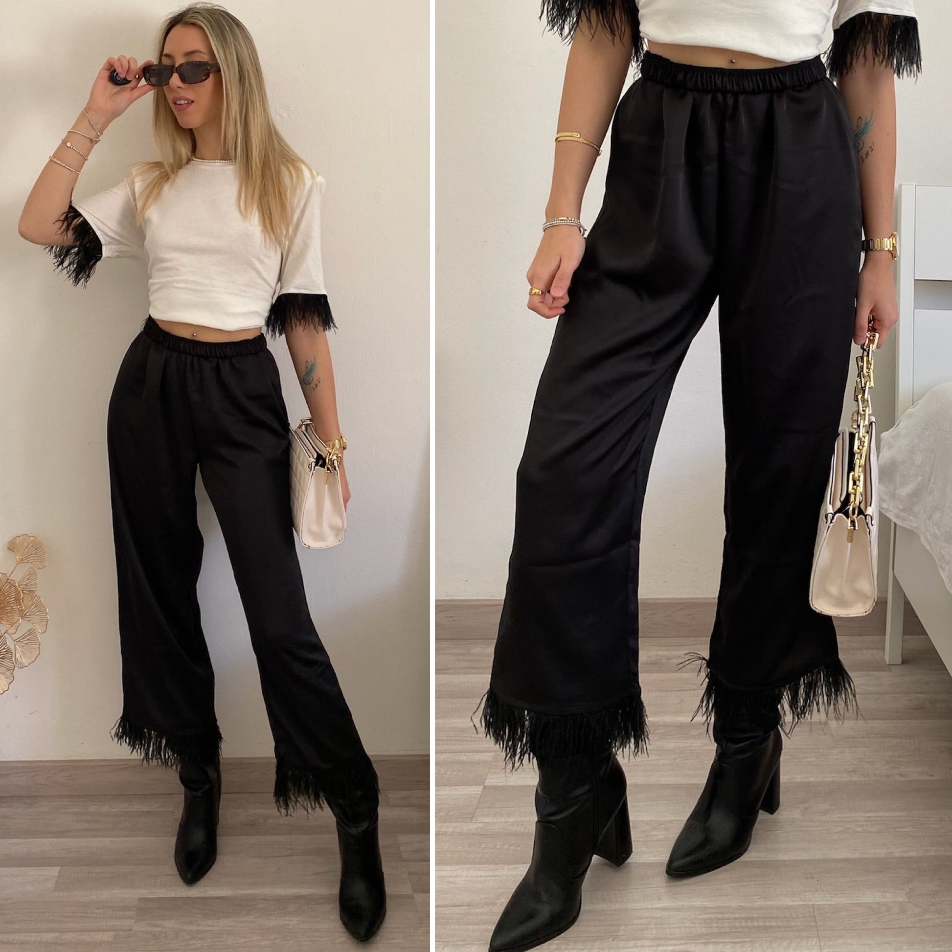 Pantalone nero con piume