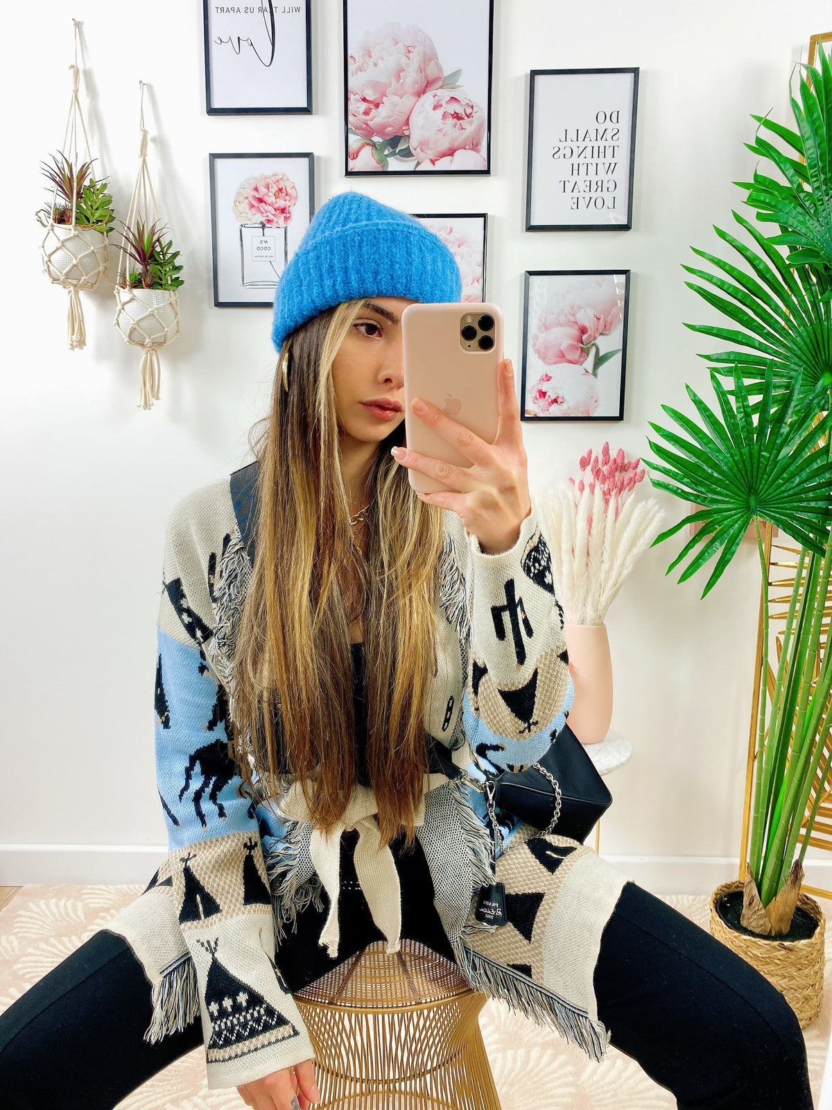Cardigan frange e cinta con cavallo celeste