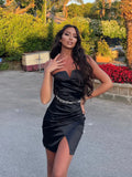 Abito in raso corto scollo a V nero