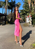 Abito Fuxia monospalla con gioiello