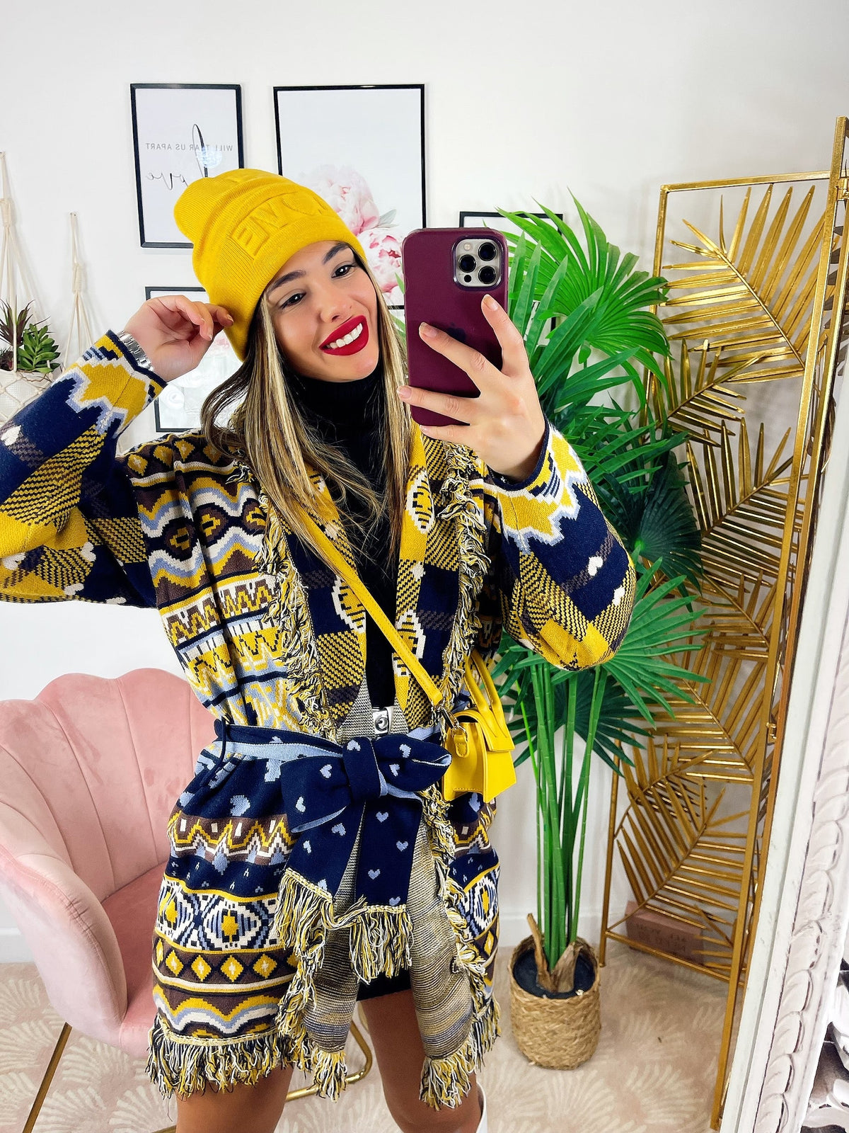 Cardigan con frange e cuori Giallo celeste