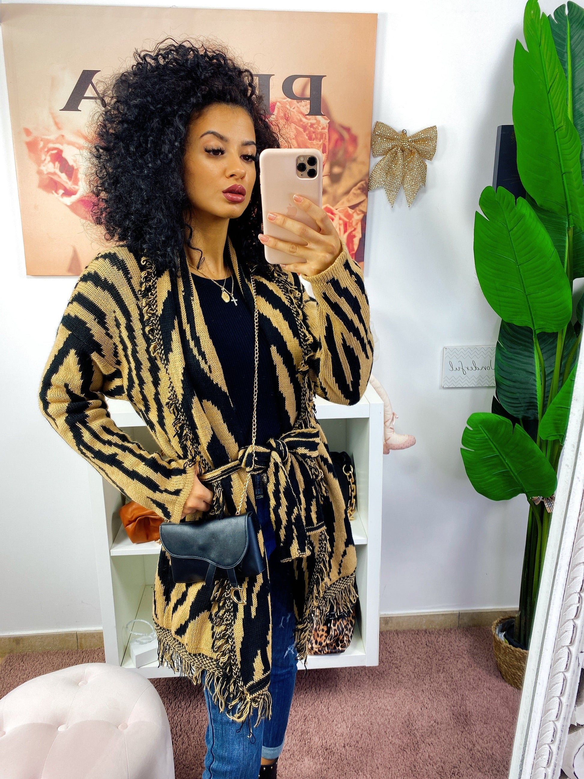 Cardigan Camel/Black con frange e cinta