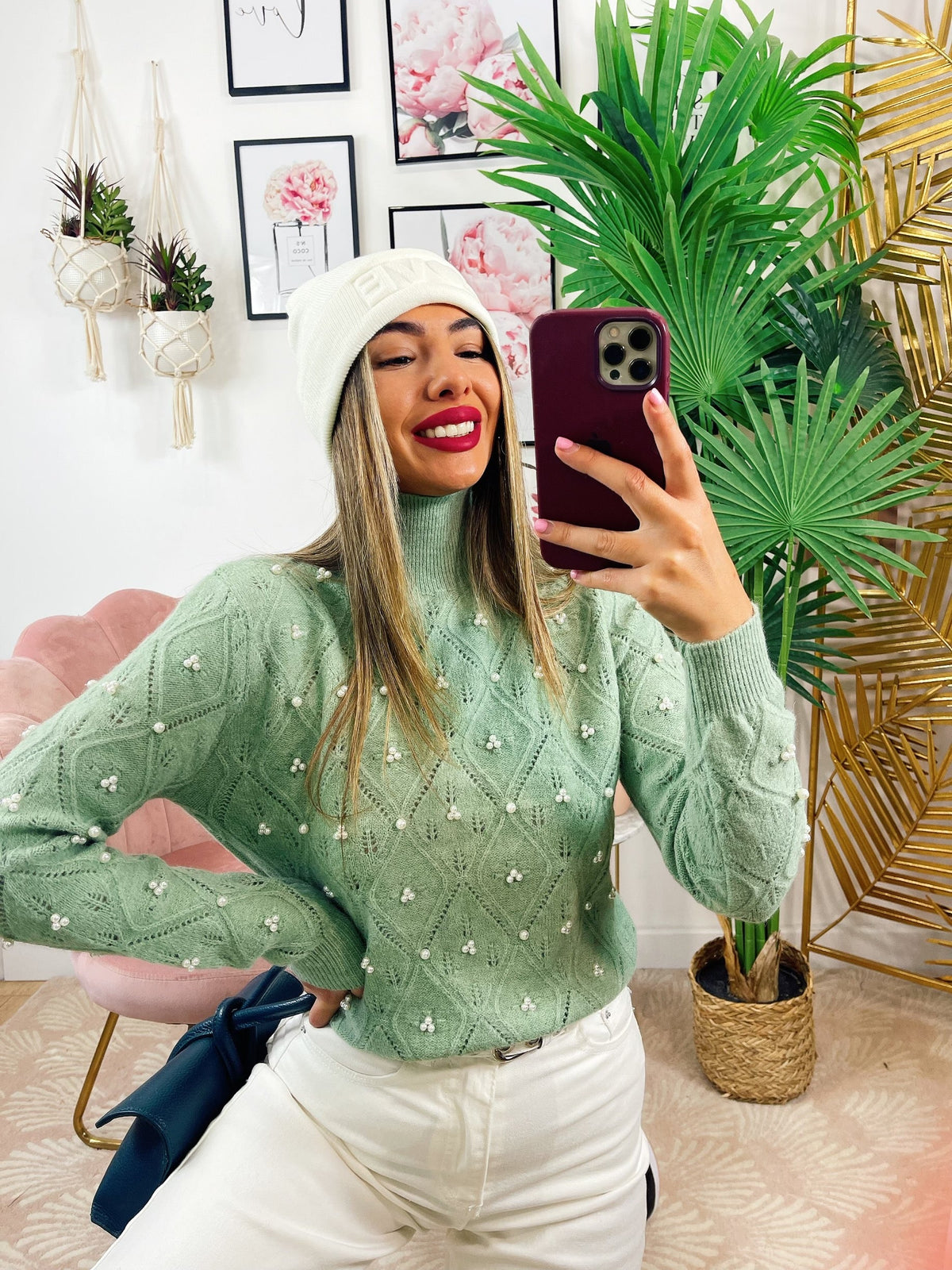 Maglione top quality con perle menta