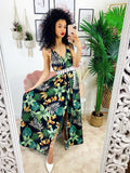 Abito in raso floreale con maxi spacco nero
