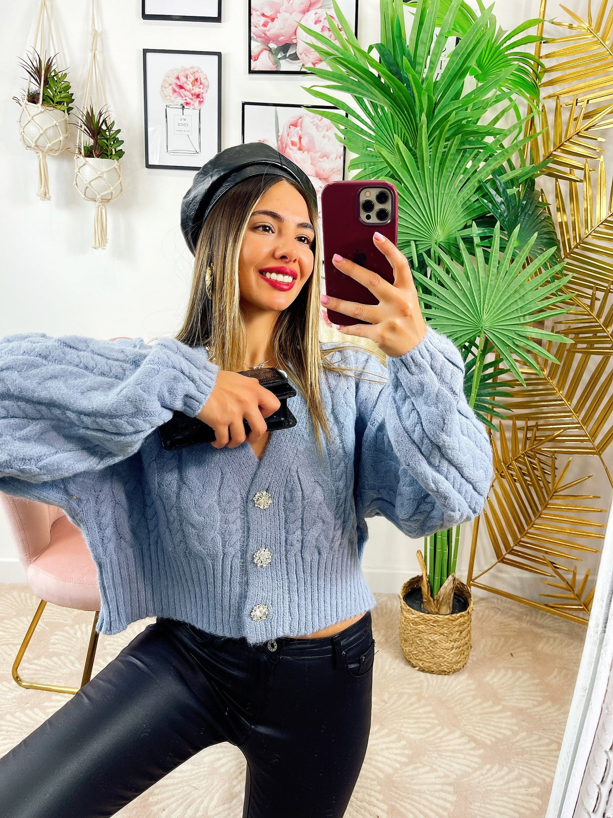 Maglione top quality blu con gioiello in strass