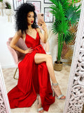 Abito in raso con maxi spacco