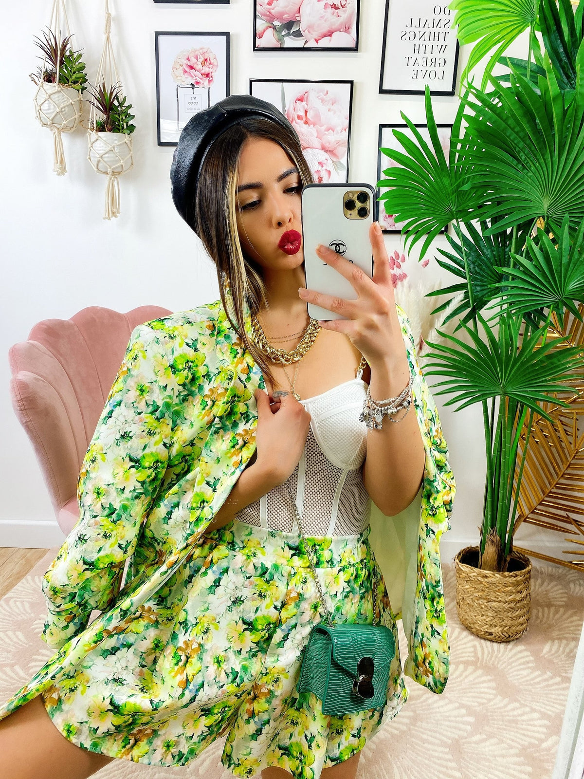 Completo Giacca e Short fiori lime