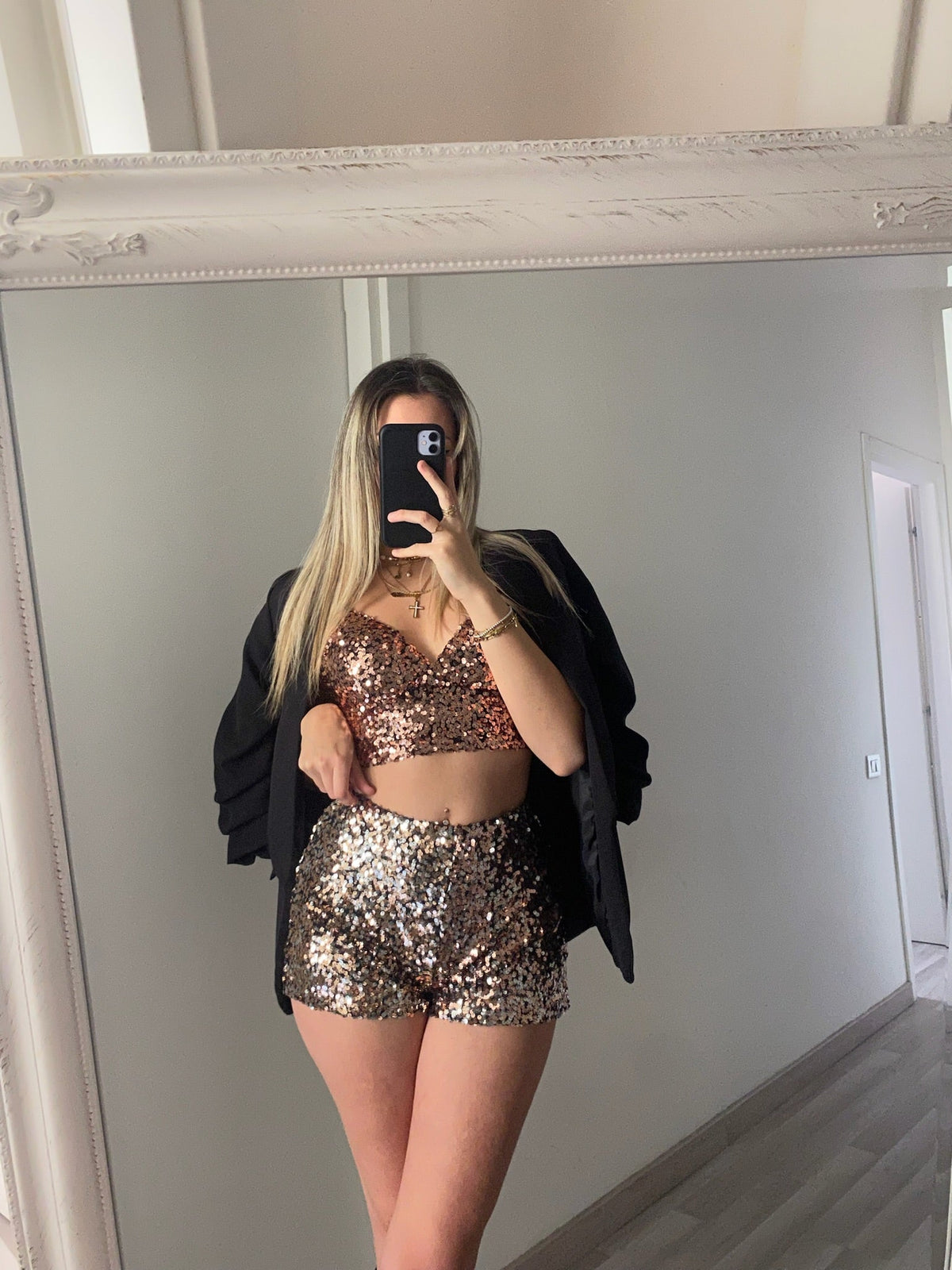 Completo top e short paillettes bronzo