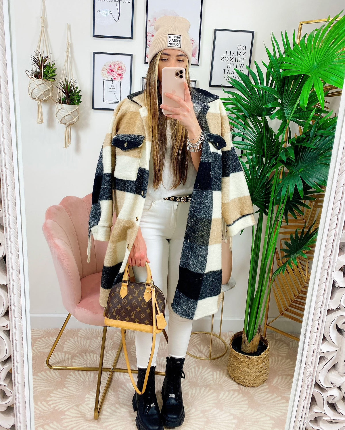 Giacca a quadri Beige nero lunga con frange
