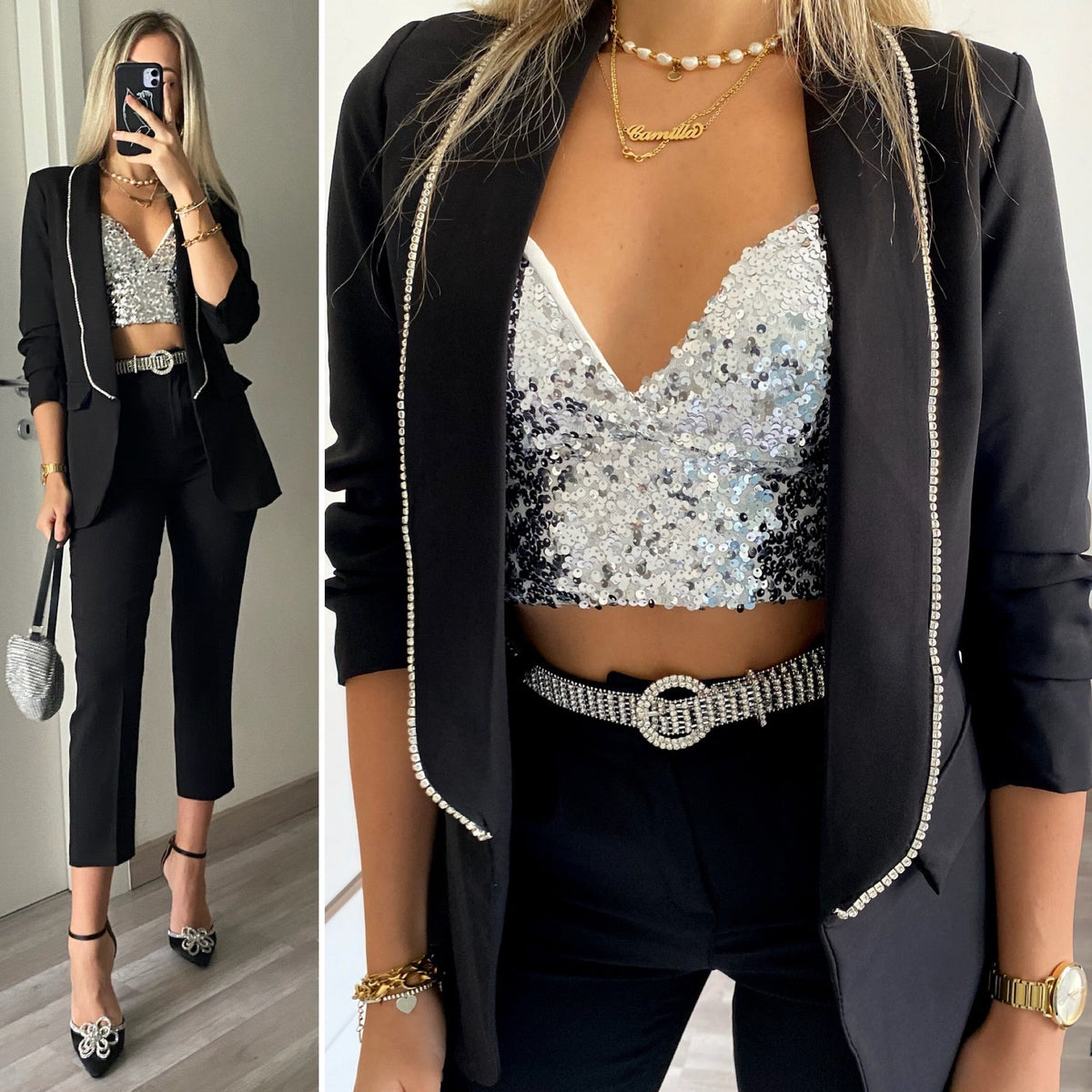 Completo giacca e pantalone strass nero