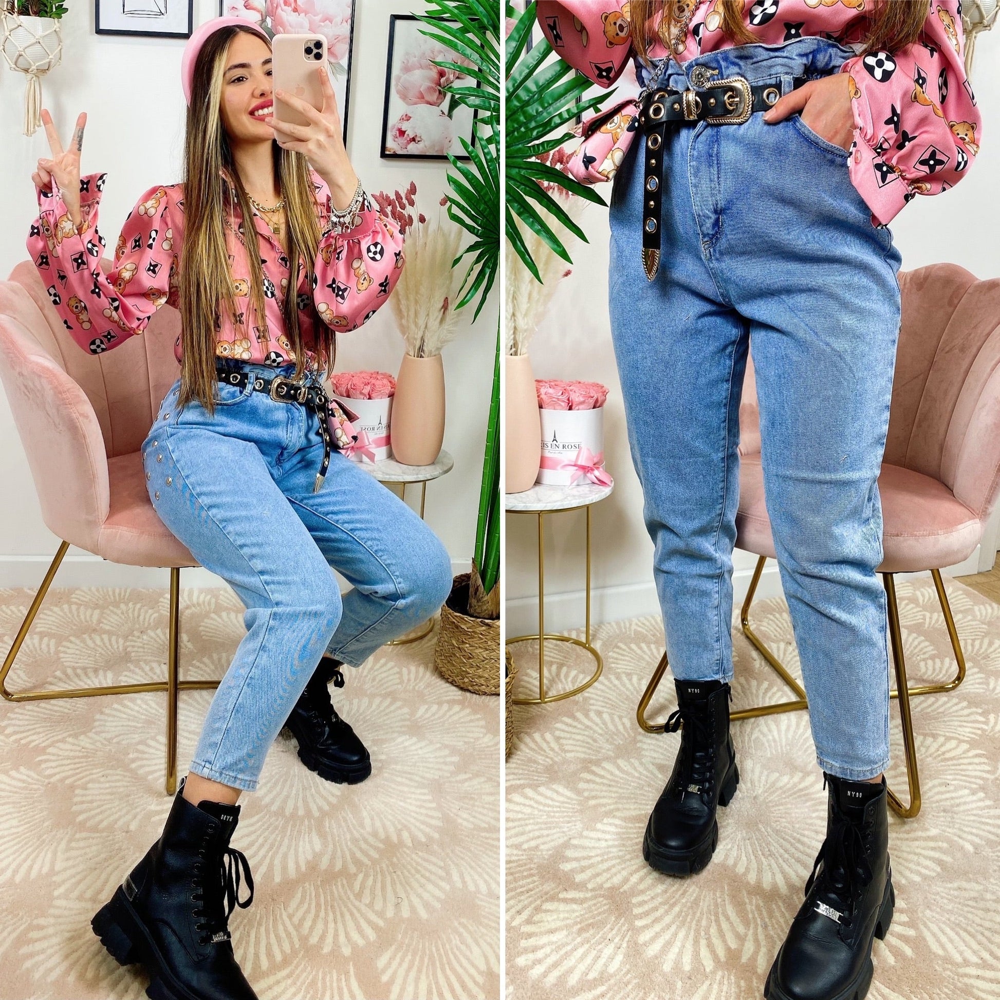 Jeans con borchie posteriori grandi