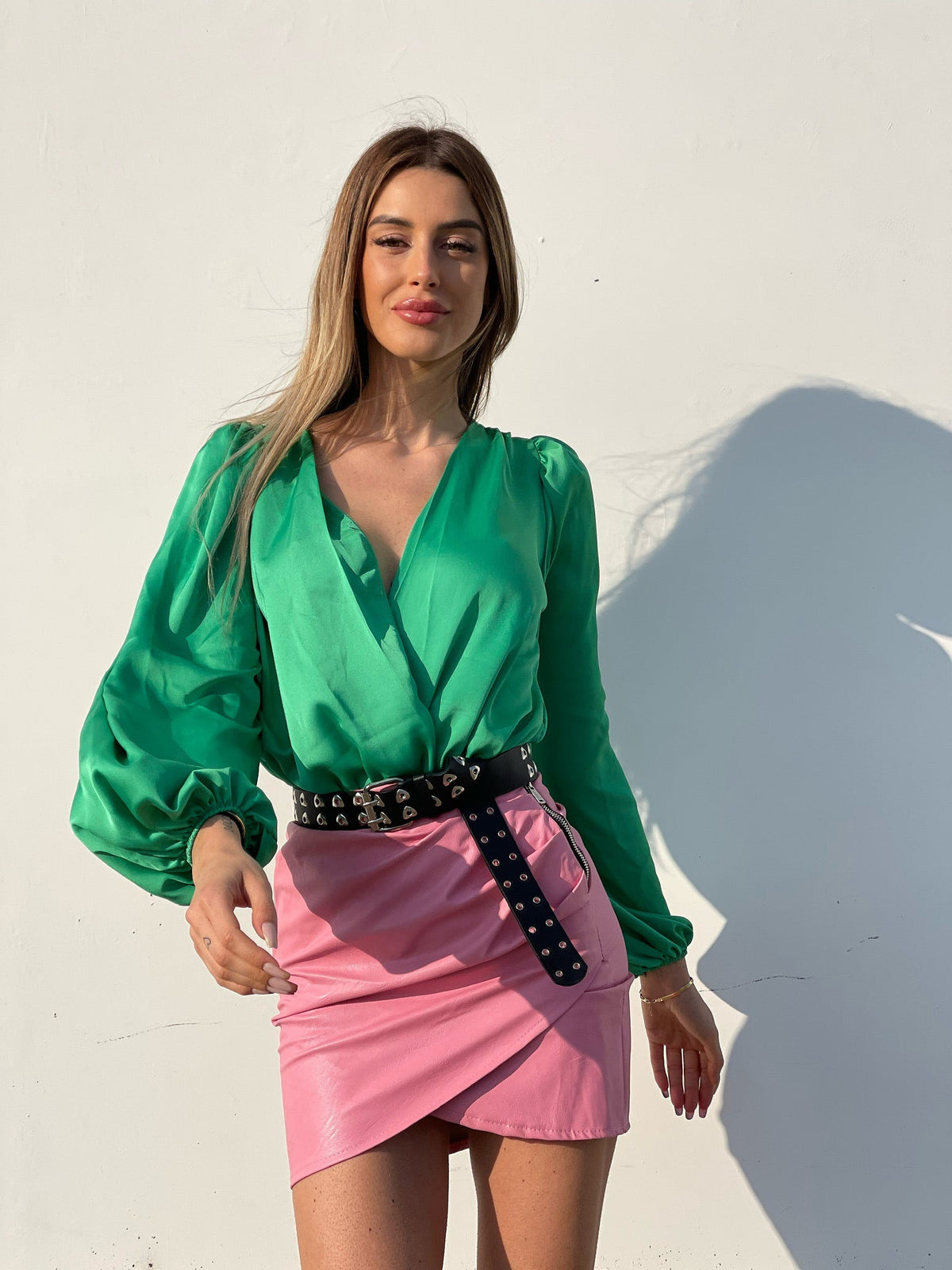 Gonna in ecopelle con zip laterale rosa