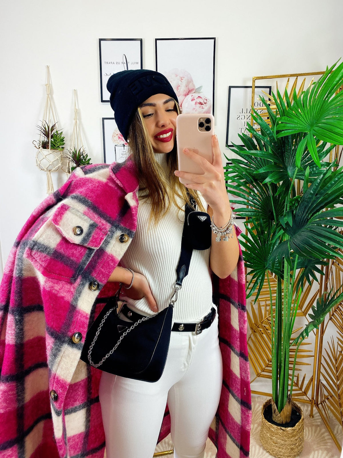 Giacca a quadri lunga Fucsia