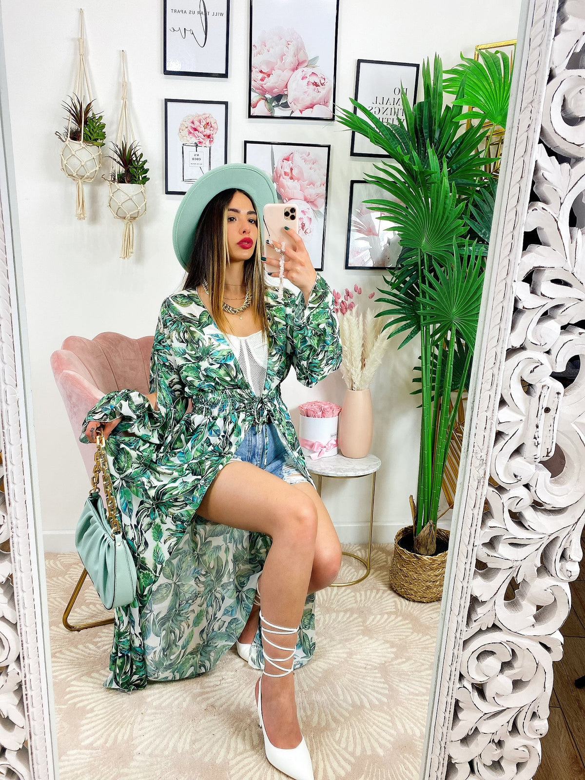 Kimono base floreale verde