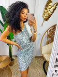 Abito con paillettes argento monospalla con fiocco