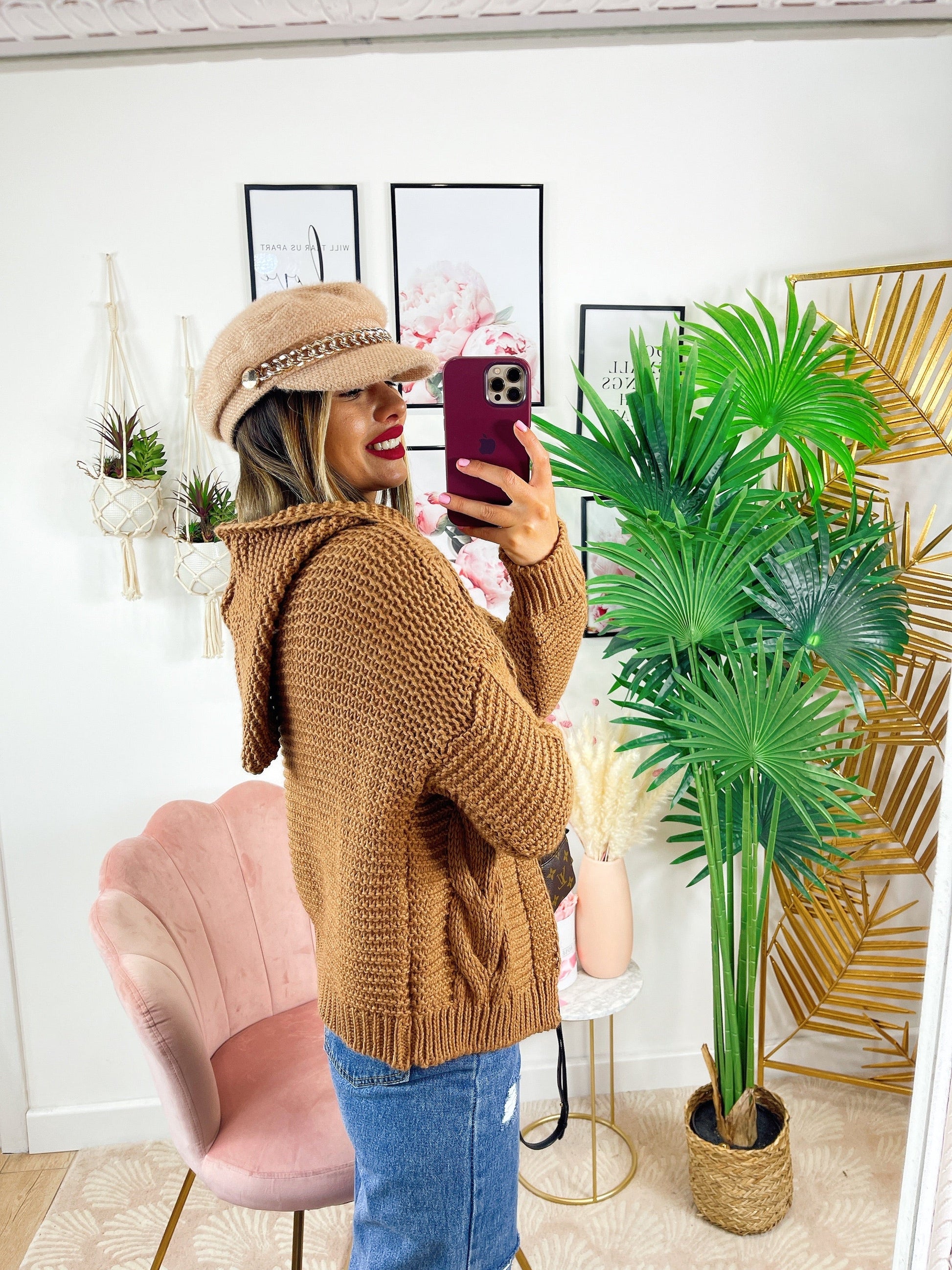 Cardigan camel con trecce