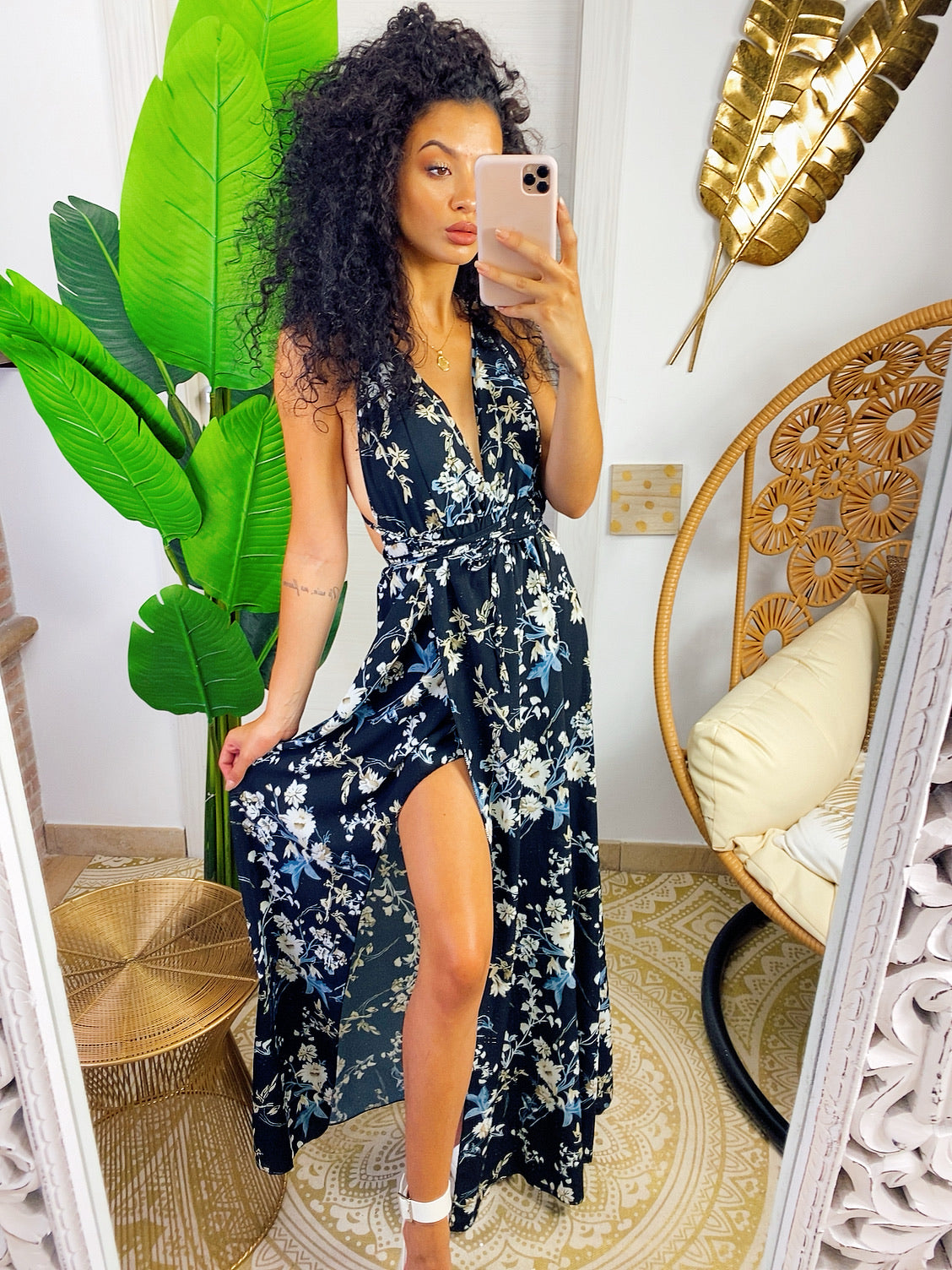Abito Afrodite con fiori Nero