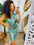 Abito con paillettes verde acqua monospalla con fiocco
