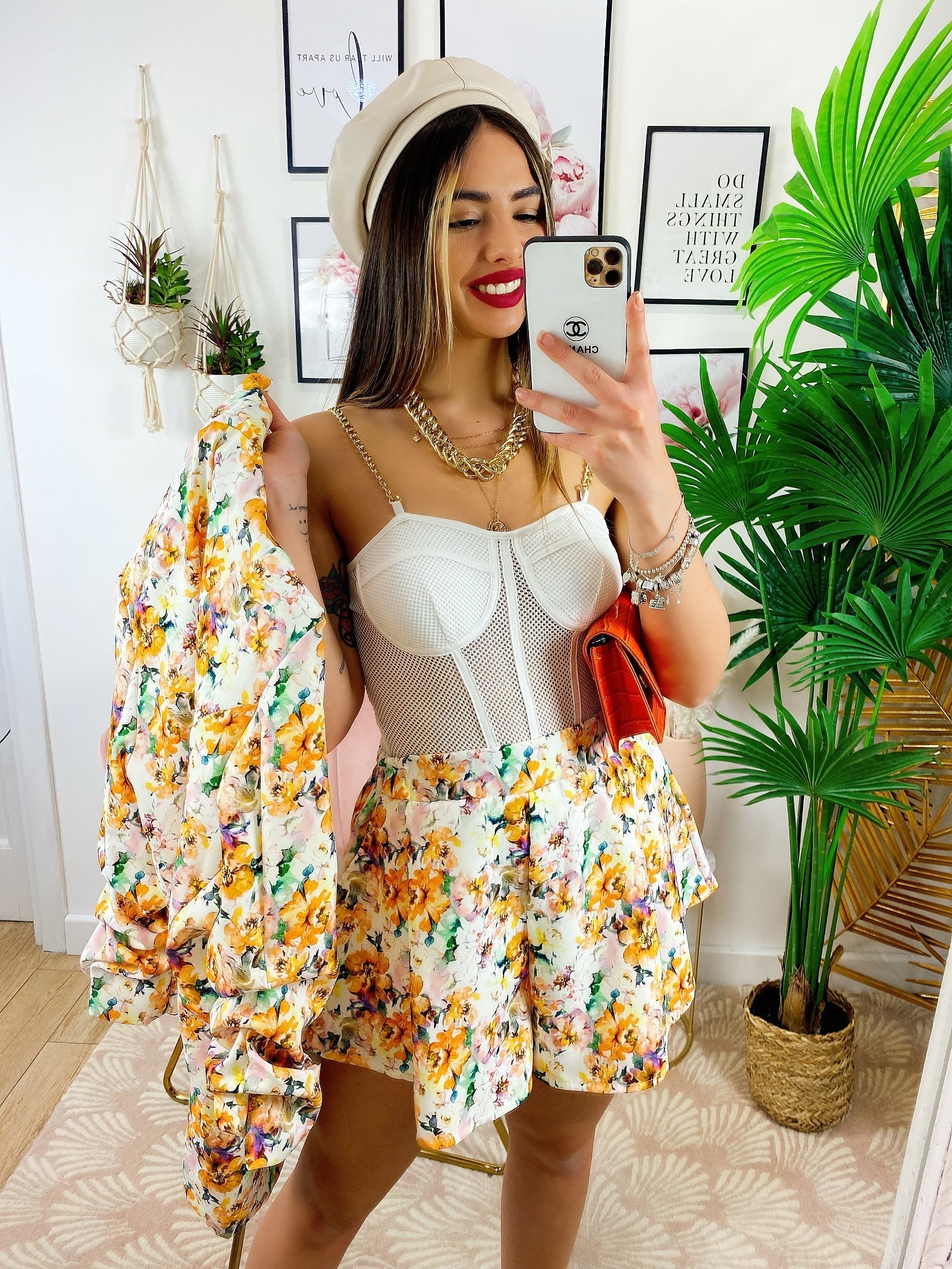 Completo Giacca e Short fiori Arancio
