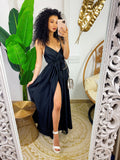 Abito in raso con maxi spacco nero