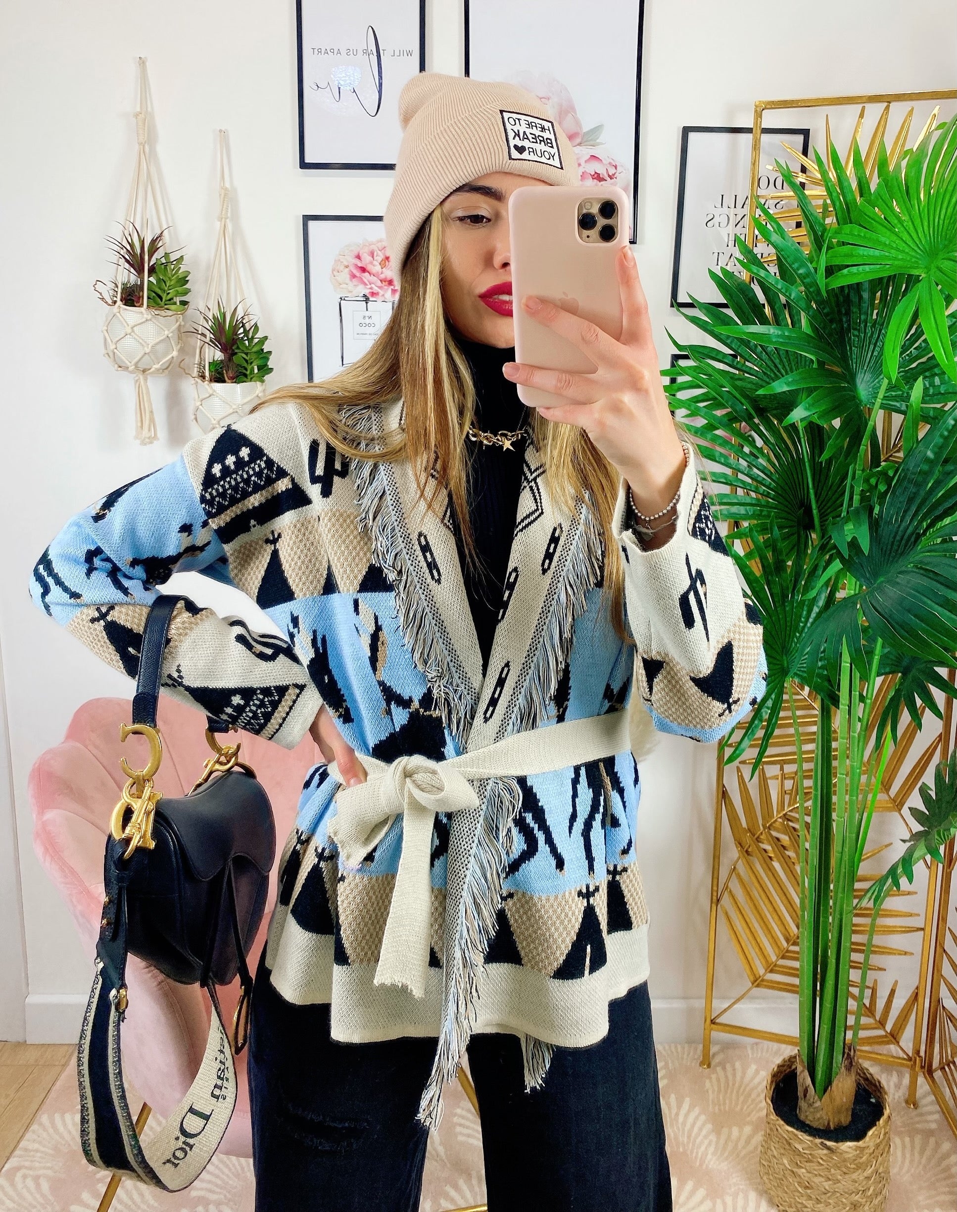 Cardigan frange e cinta con cavallo celeste corto