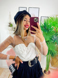 Body con retina di strass bianco