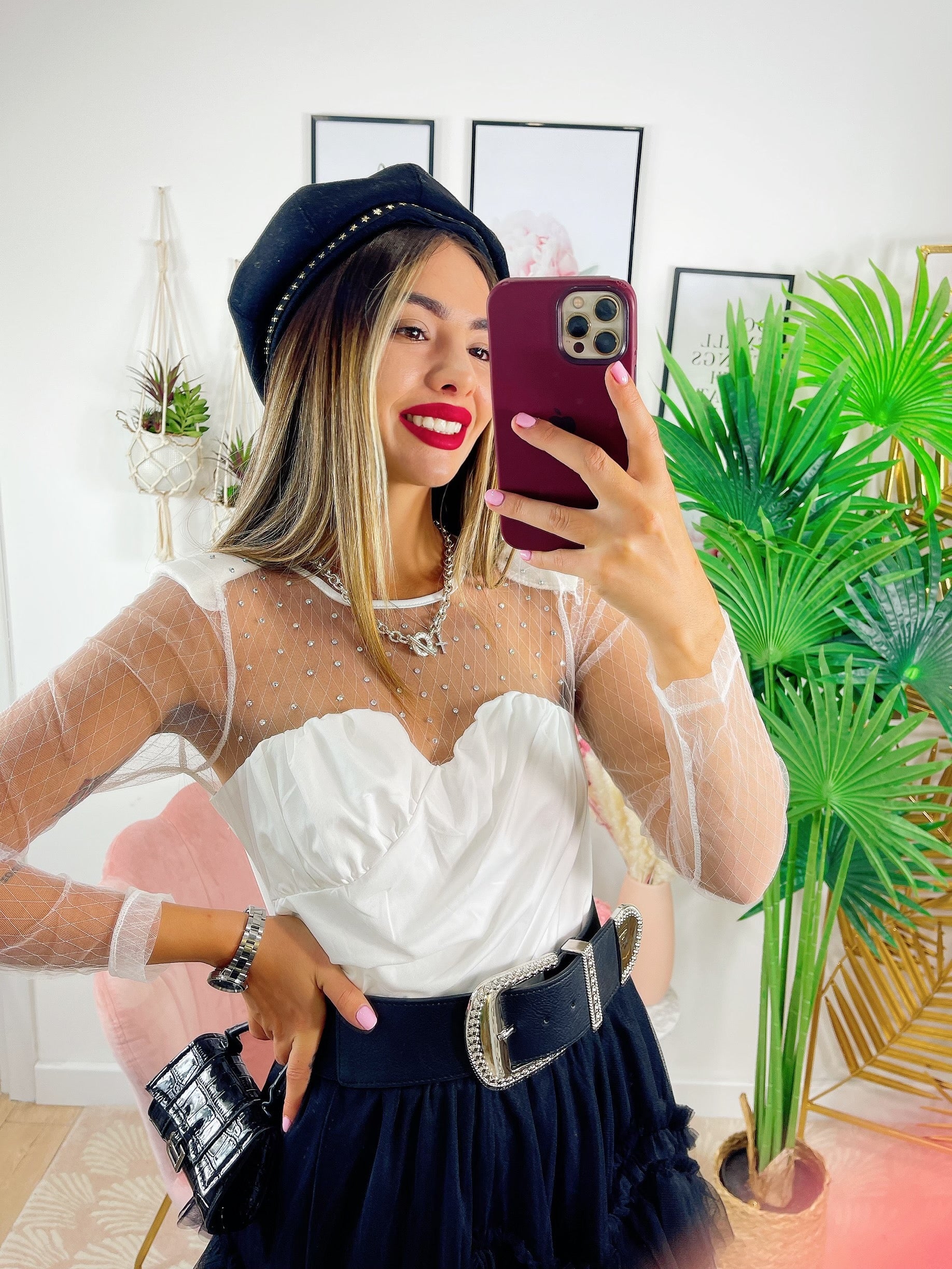Body con retina di strass bianco