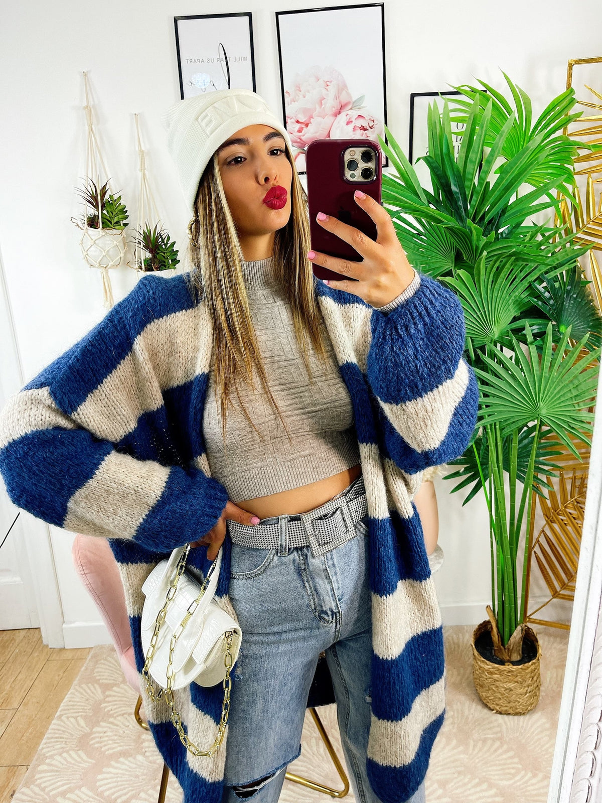 Cardigan morbido a righe blu