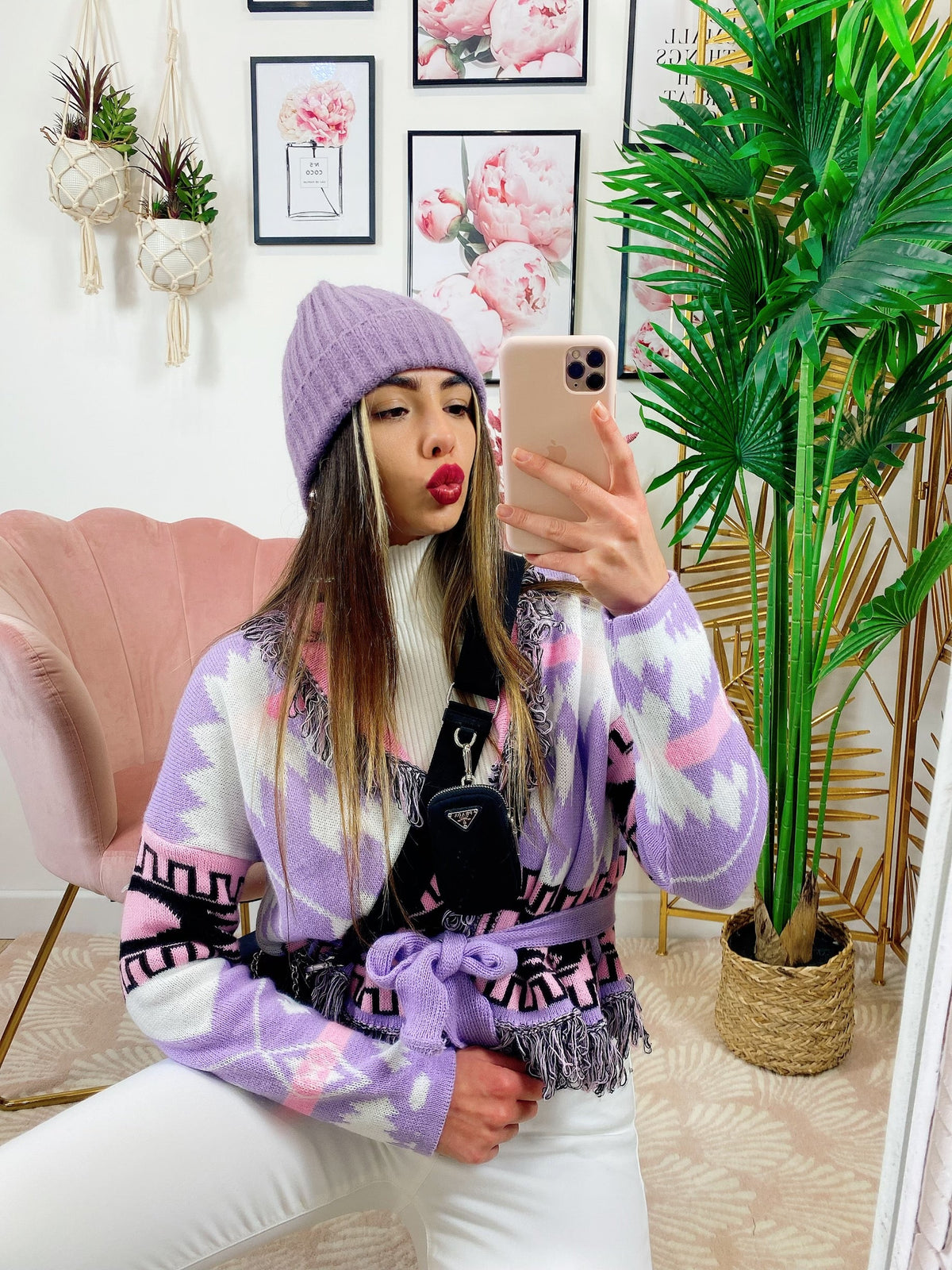 Cardigan Corto Lilla con frange e cinta