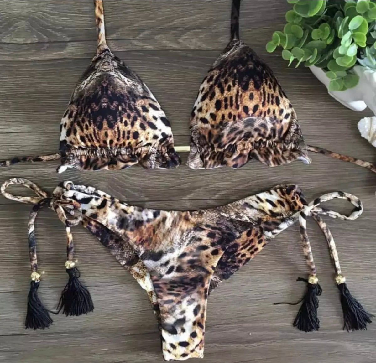Bikini a triangolo con corda leopardata scura