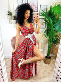 Abito con maxi spacco rosso con ricami