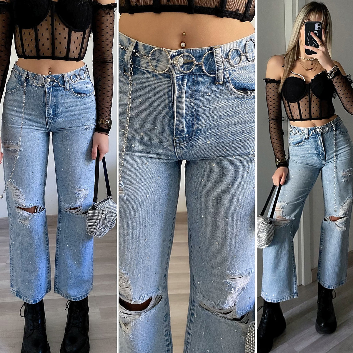 Jeans con strappi e strass