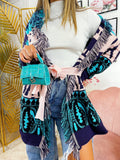 Cardigan con frange e cinta dettaglio Celeste