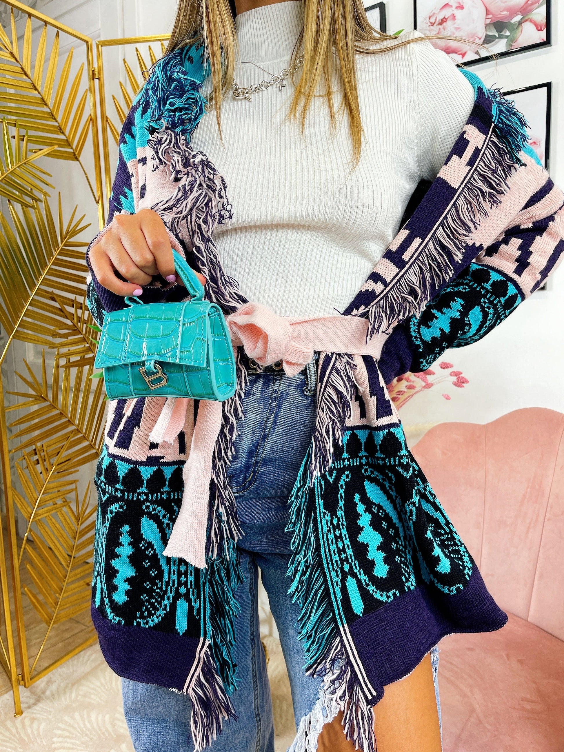 Cardigan con frange e cinta dettaglio Celeste