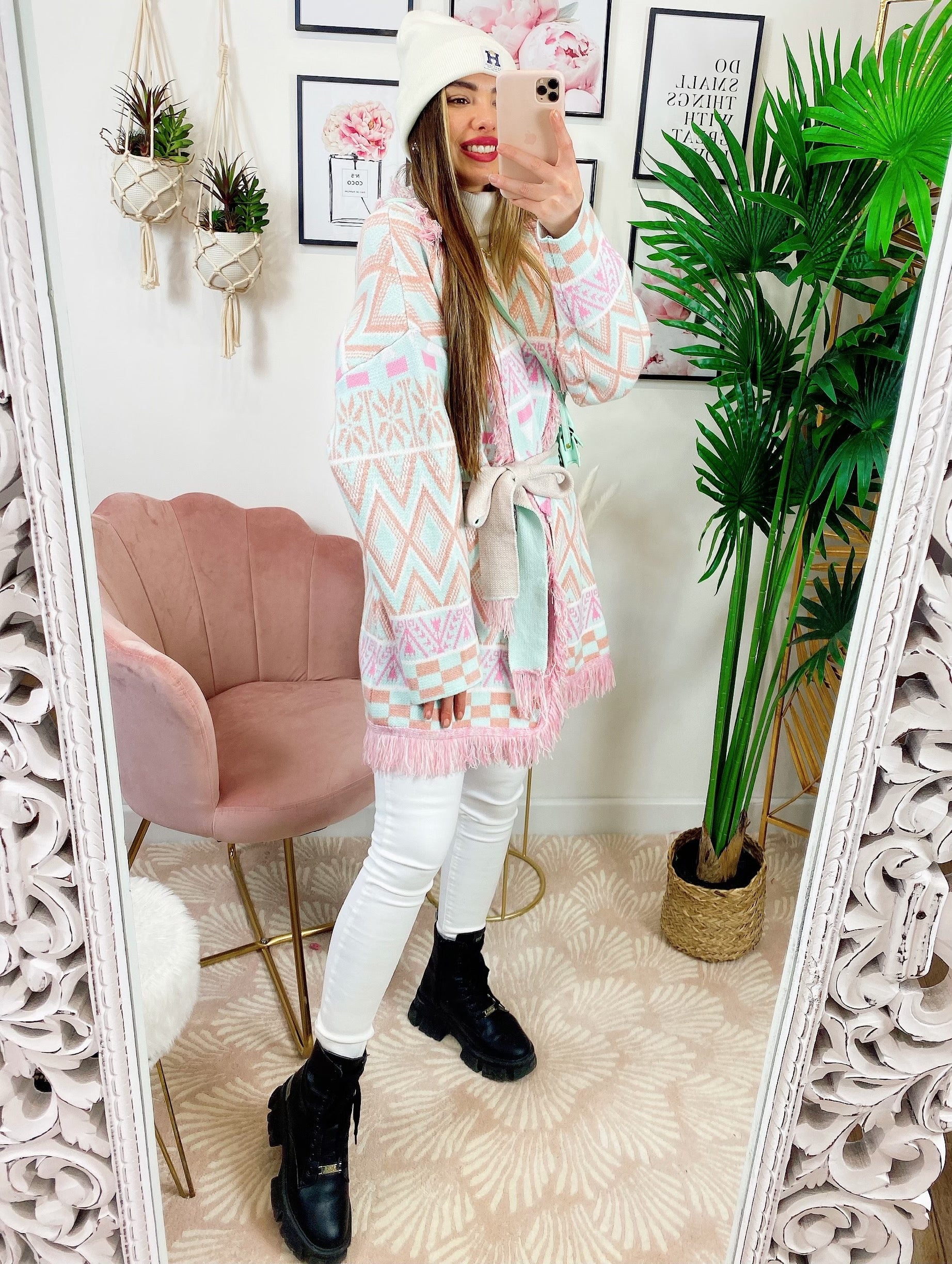 Cardigan con frange Verdeacqua e Rosa