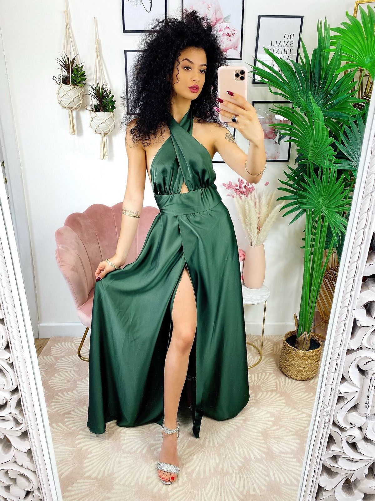 Abito in raso incrociato verde militare