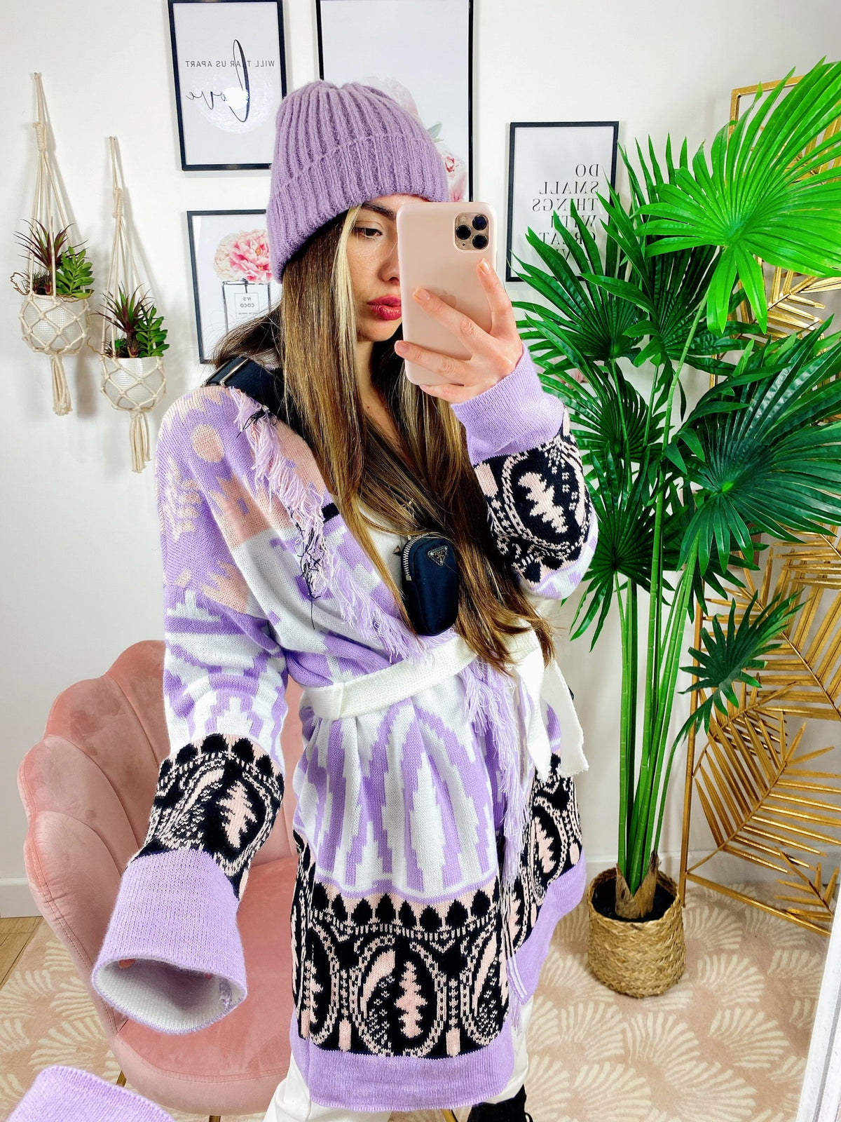 Cardigan con frange e cinta lilla
