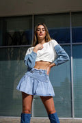 Felpa crop jeans bianca