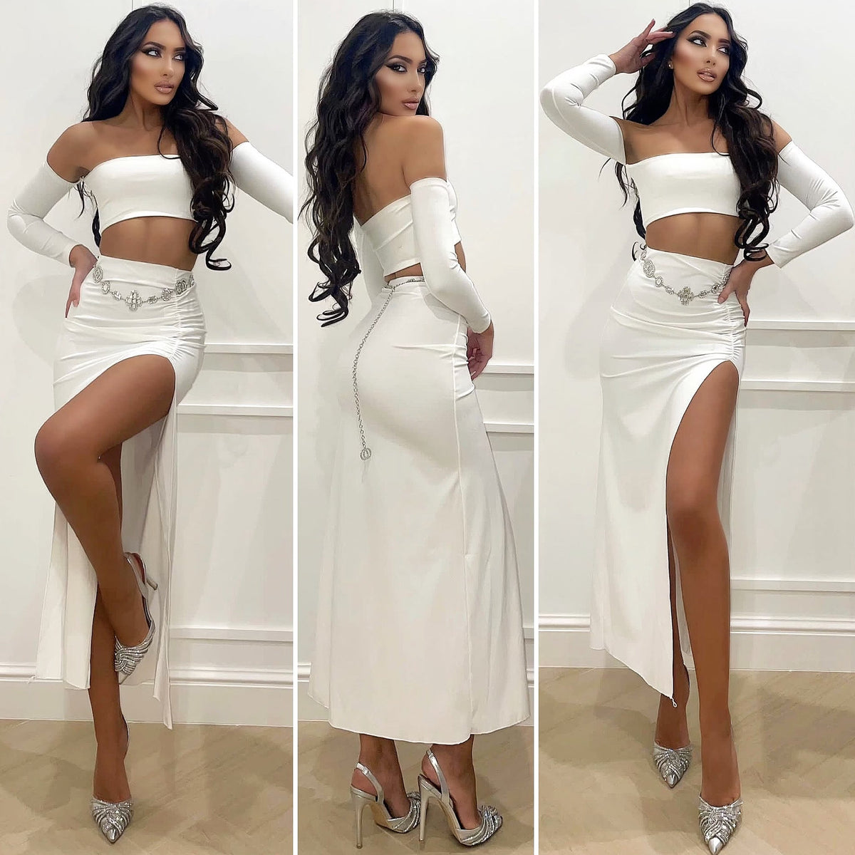 Completo top più gonna midi bianco