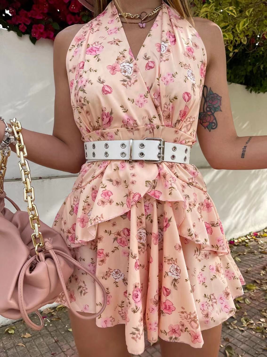 Tutina a fiori rosa con cintura