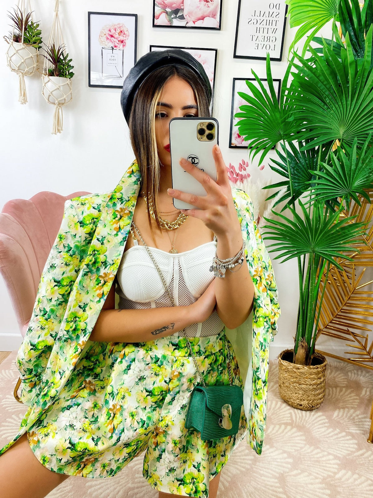 Completo Giacca e Short fiori lime