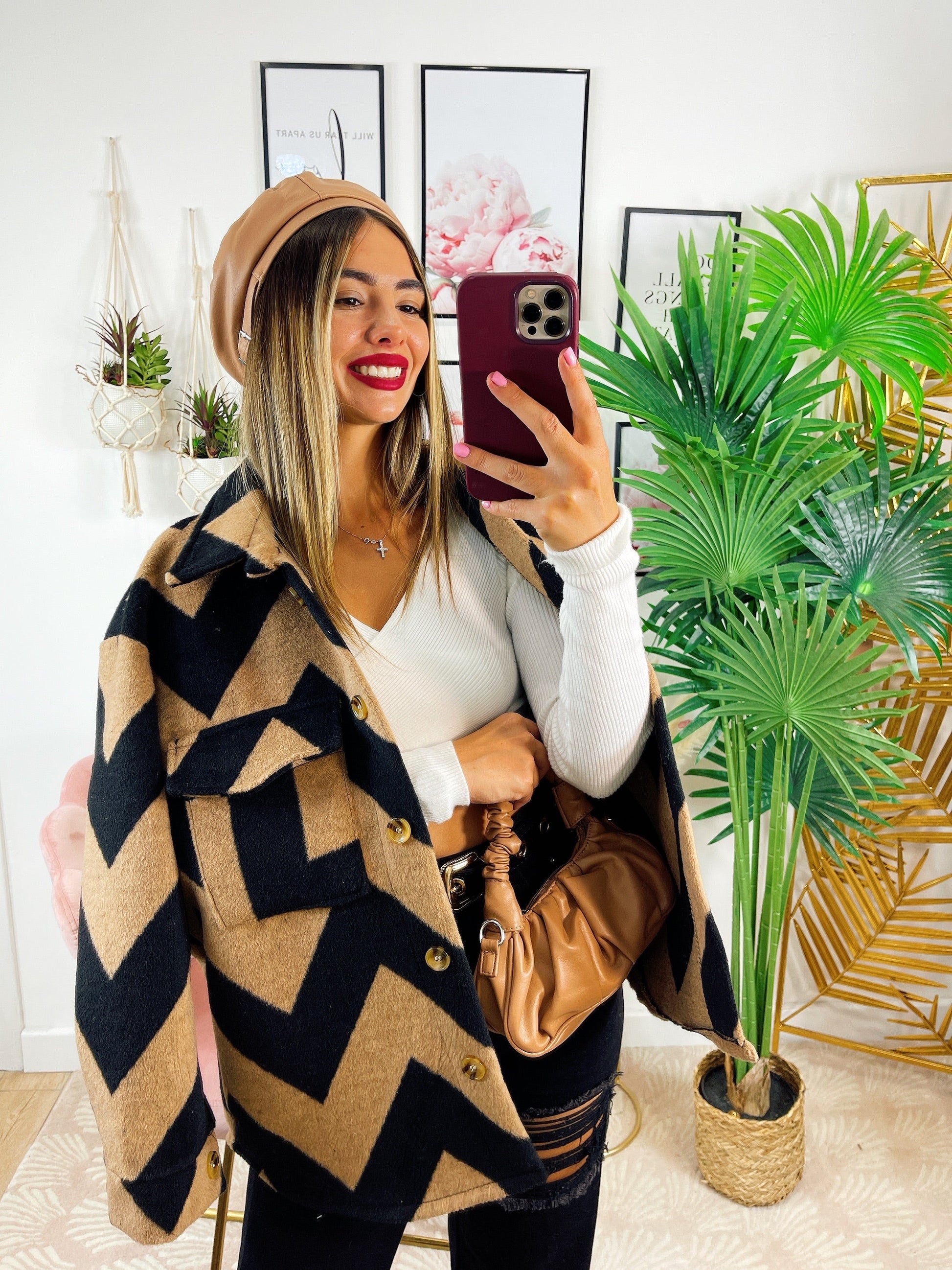 Giacca a quadri dettaglio beige zig zag