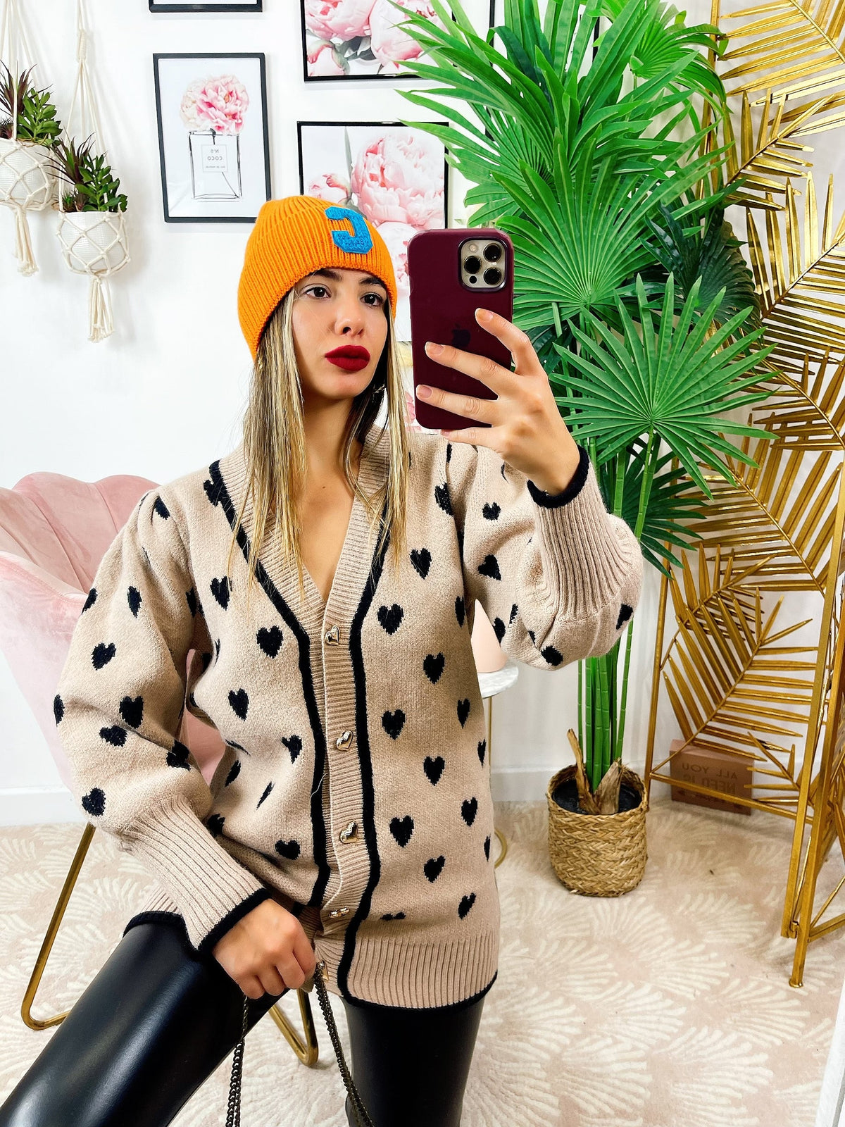 Maxi maglione camel a cuori