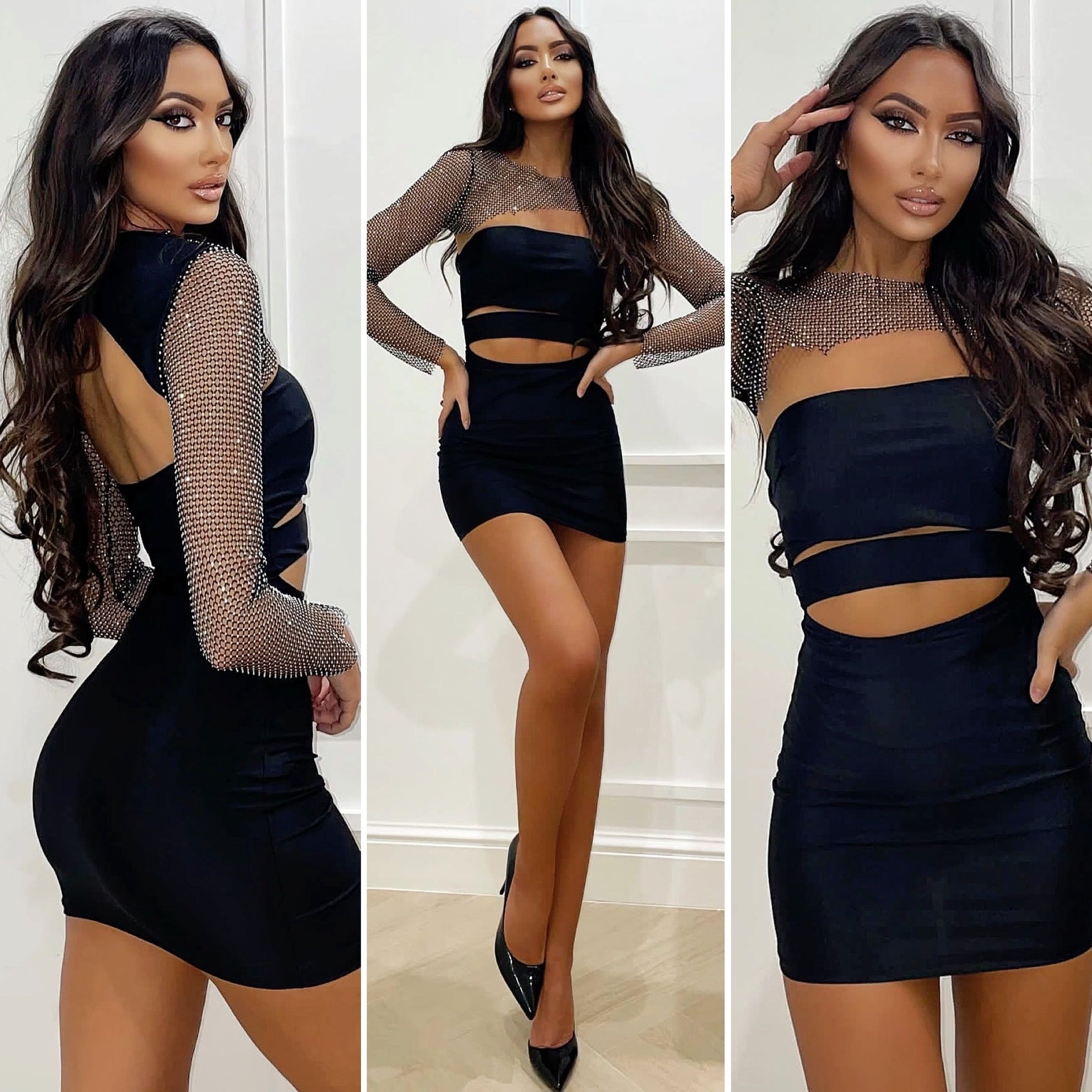 Abito nero con coprispalle in strass