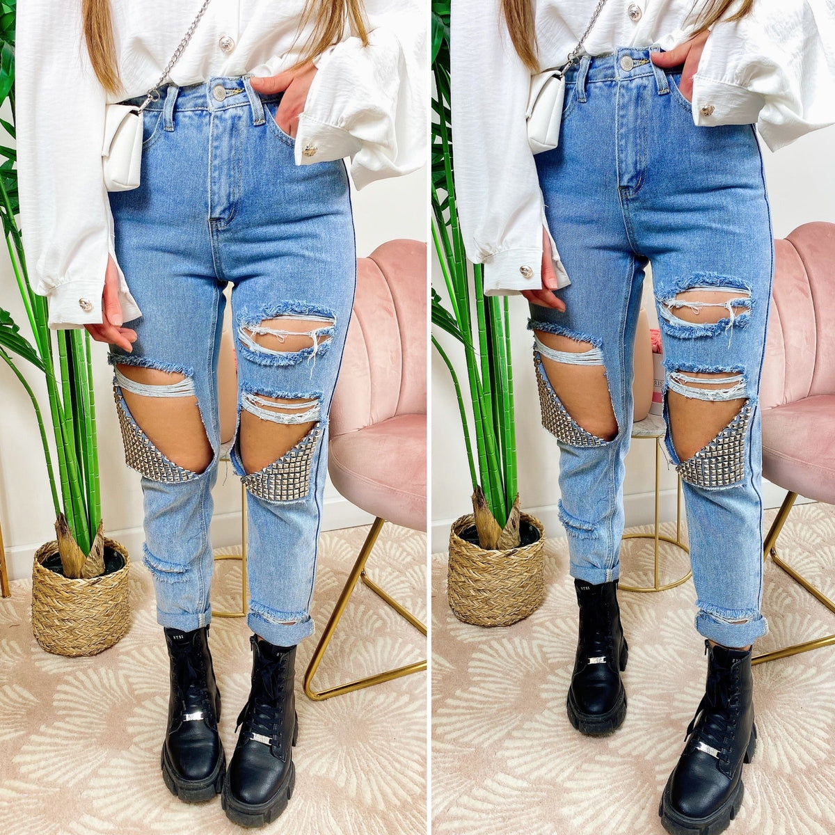 Jeans con strappi e borchie argento