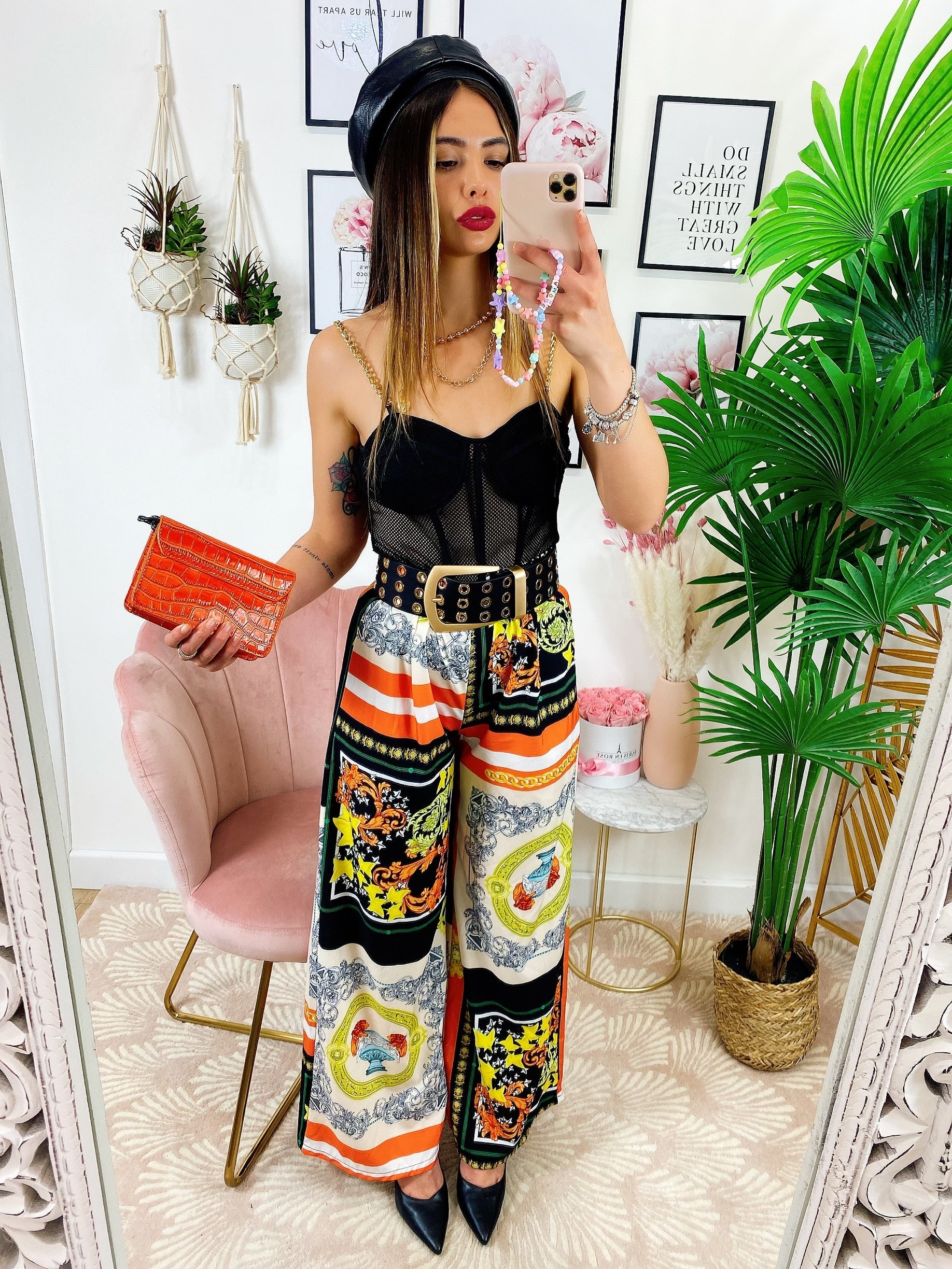 Pantalone a zampa stampa etnica Base Arancio