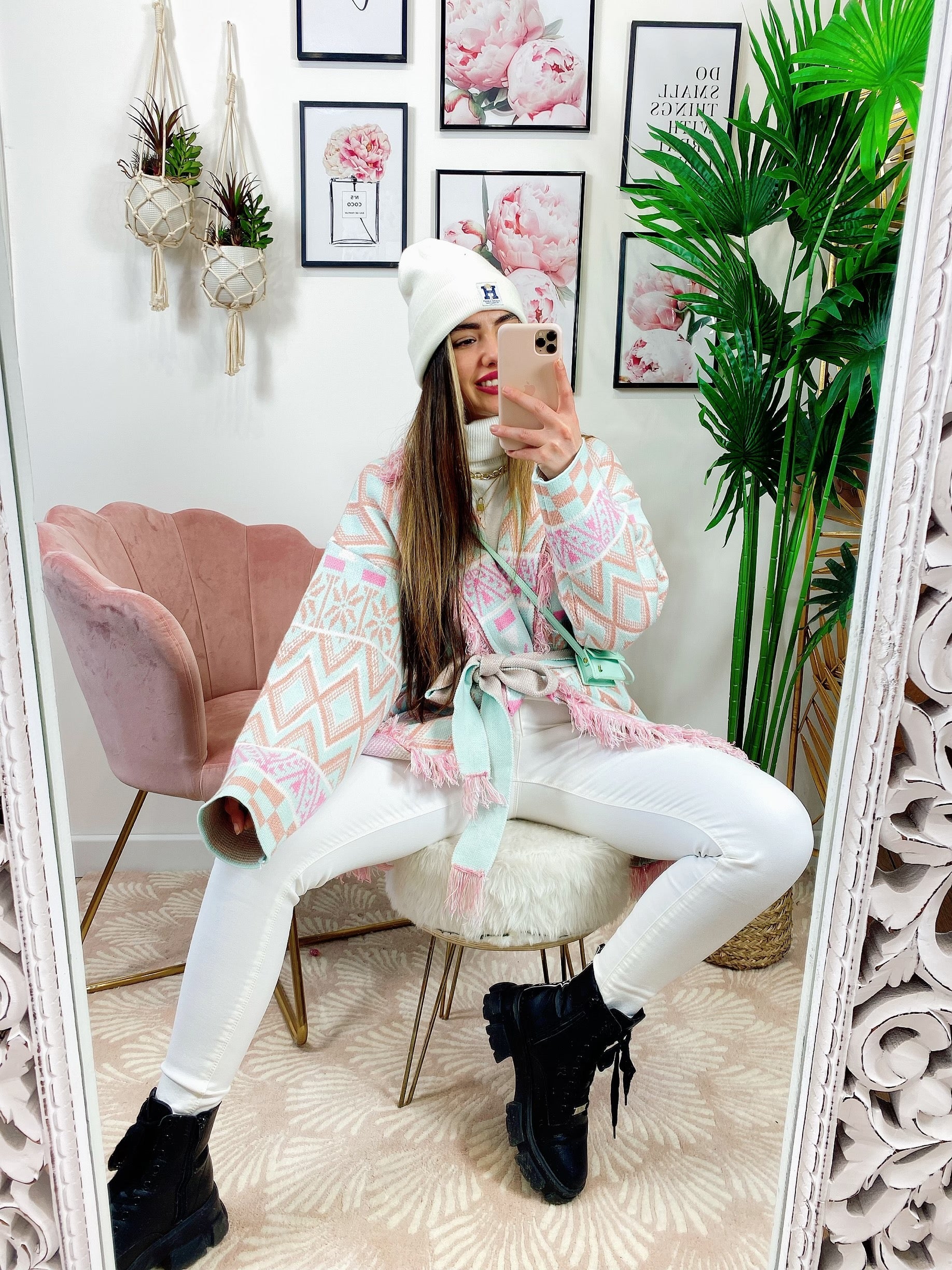 Cardigan con frange Verdeacqua e Rosa